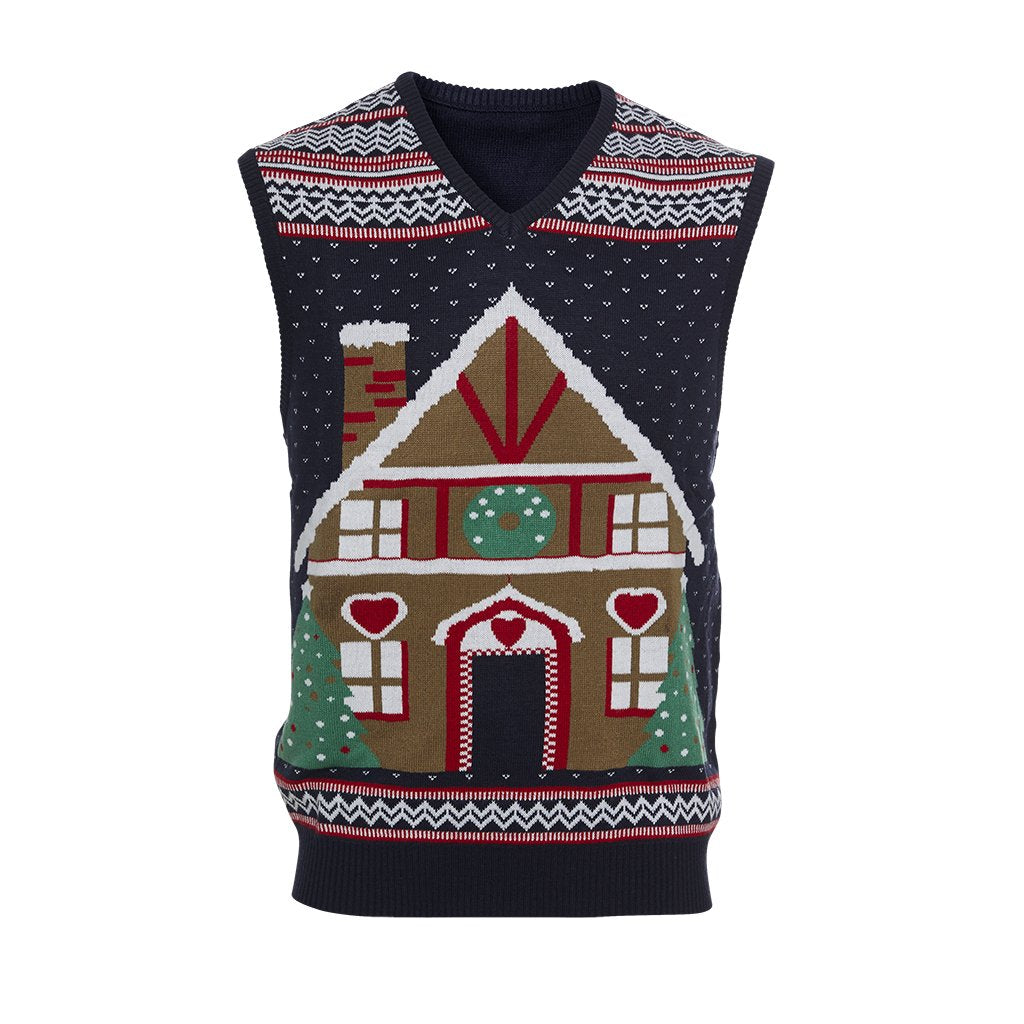 Un gilet de Noël avec une maison en forme de gâteau.